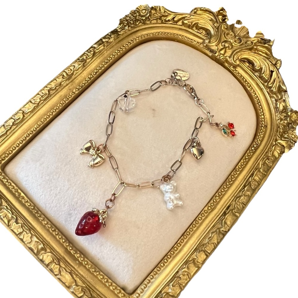 Claire’s Gold-Tone Charm Bracelet Strawberry Cherries Bow Teddy Bear Colorful